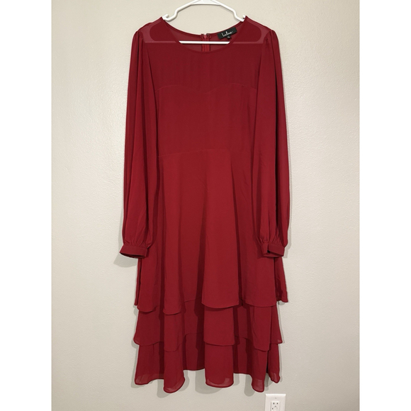 Lulus Midi Dress Burgundy Ruffled Long Balloon Sleeve Size Large Party Wedding - Picture 1 of 5